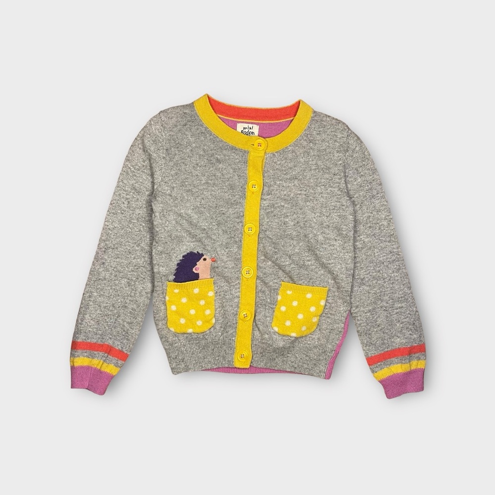 Mini Boden Gray Knit Cardigan with Yellow Trim and Pink Accents